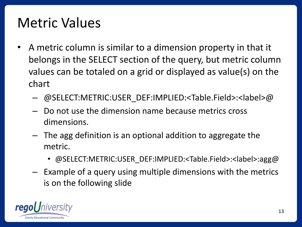 metric values