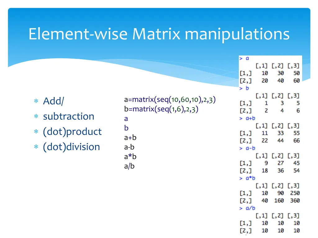 element wise matrix manipulations