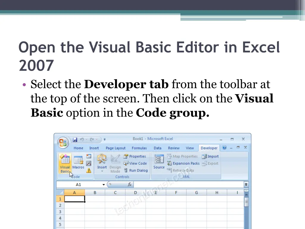 open the visual basic editor in excel 2007 select