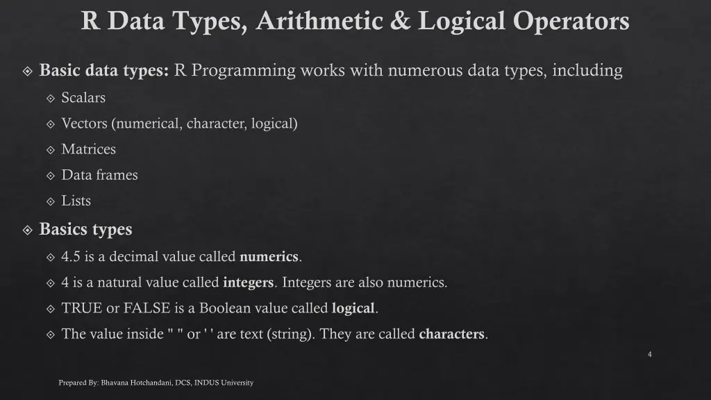 r data types arithmetic logical operators