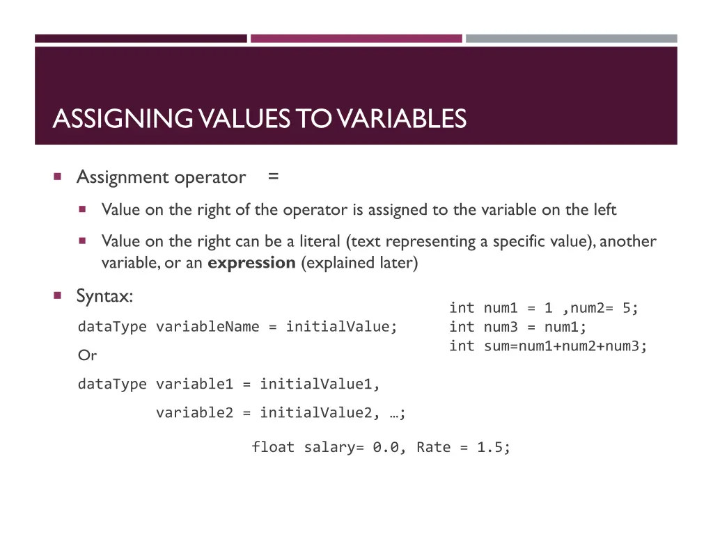 assigning values to variables