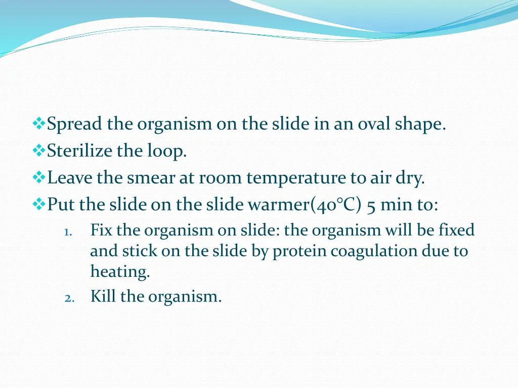 spread the organism on the slide in an oval shape