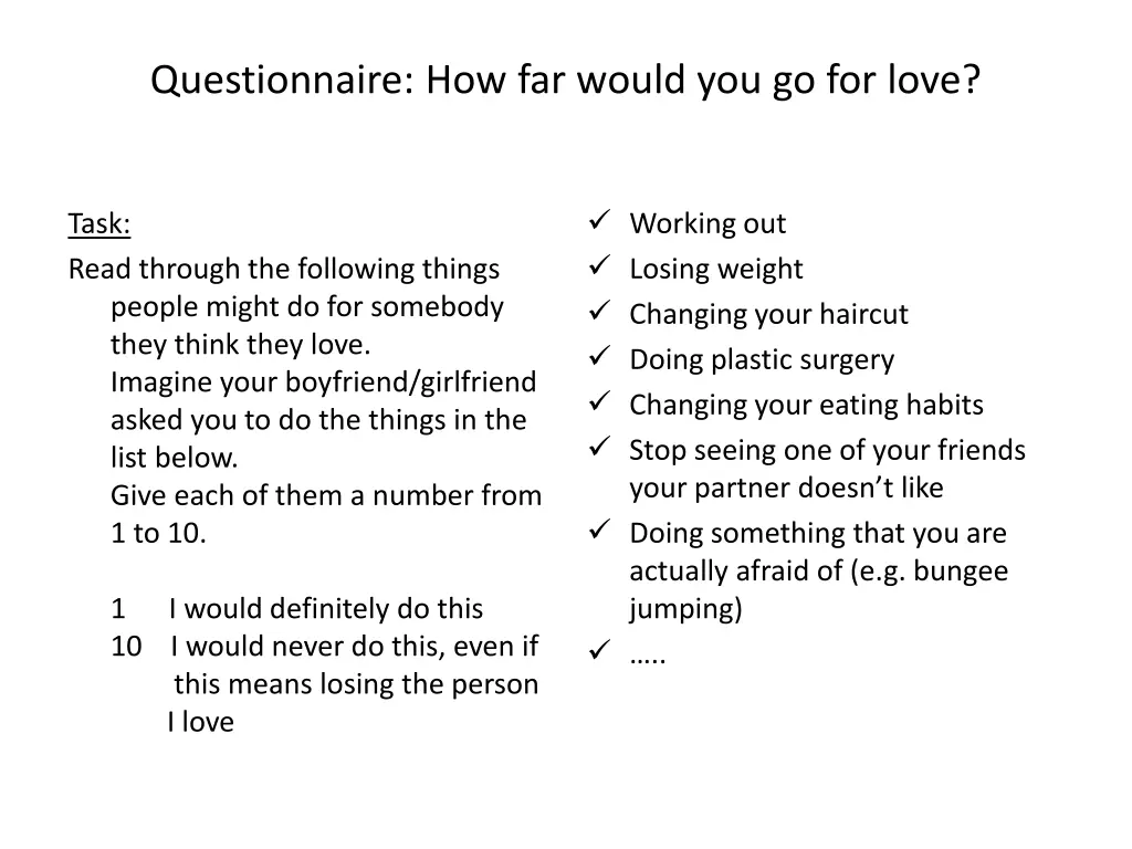 questionnaire how far would you go for love