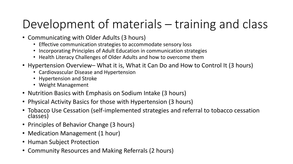 development of materials training and class