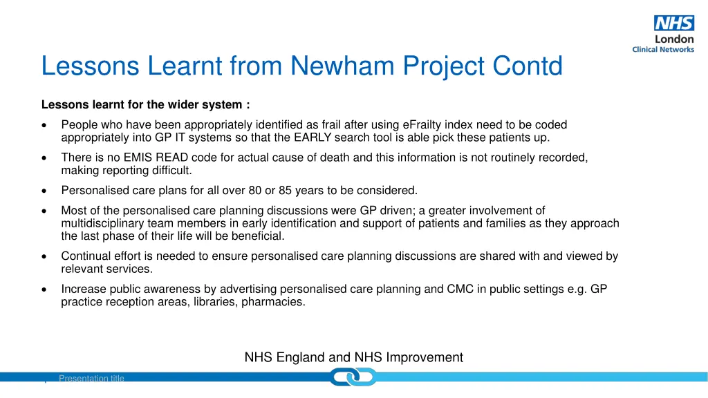 lessons learnt from newham project contd