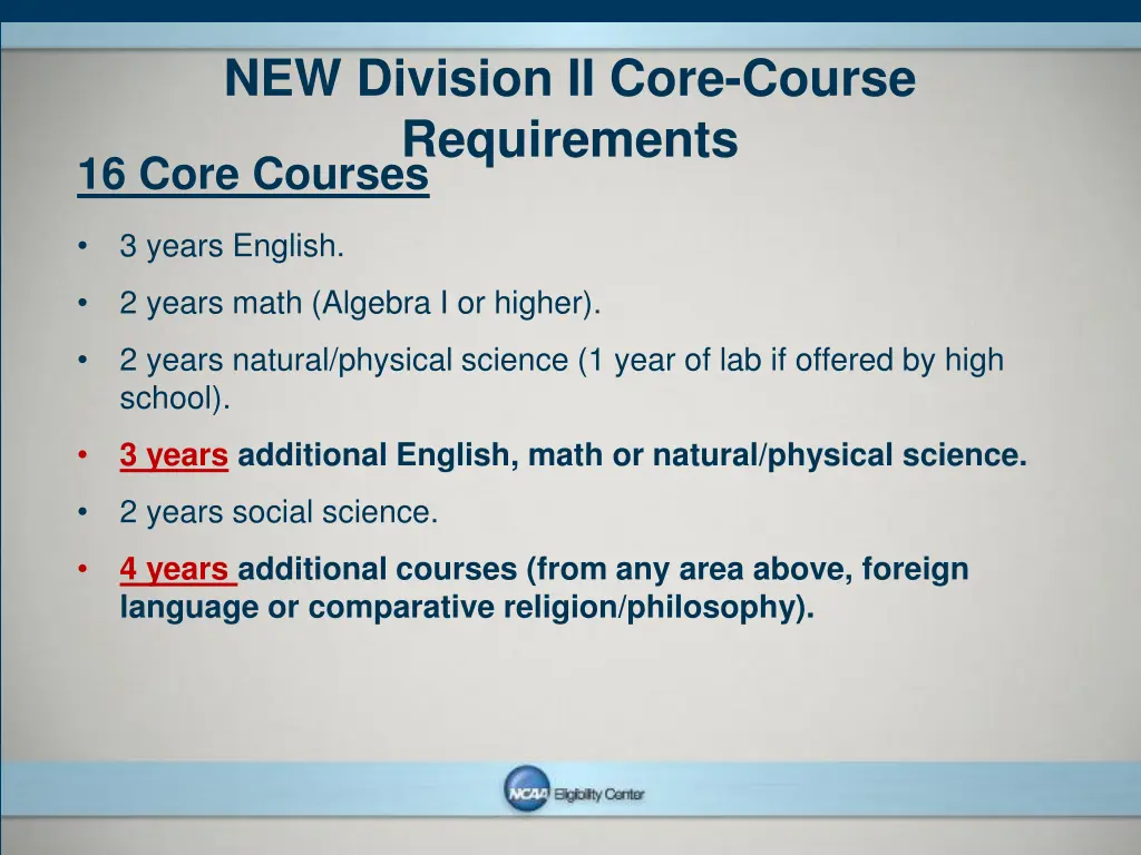 new division ii core course requirements 16 core