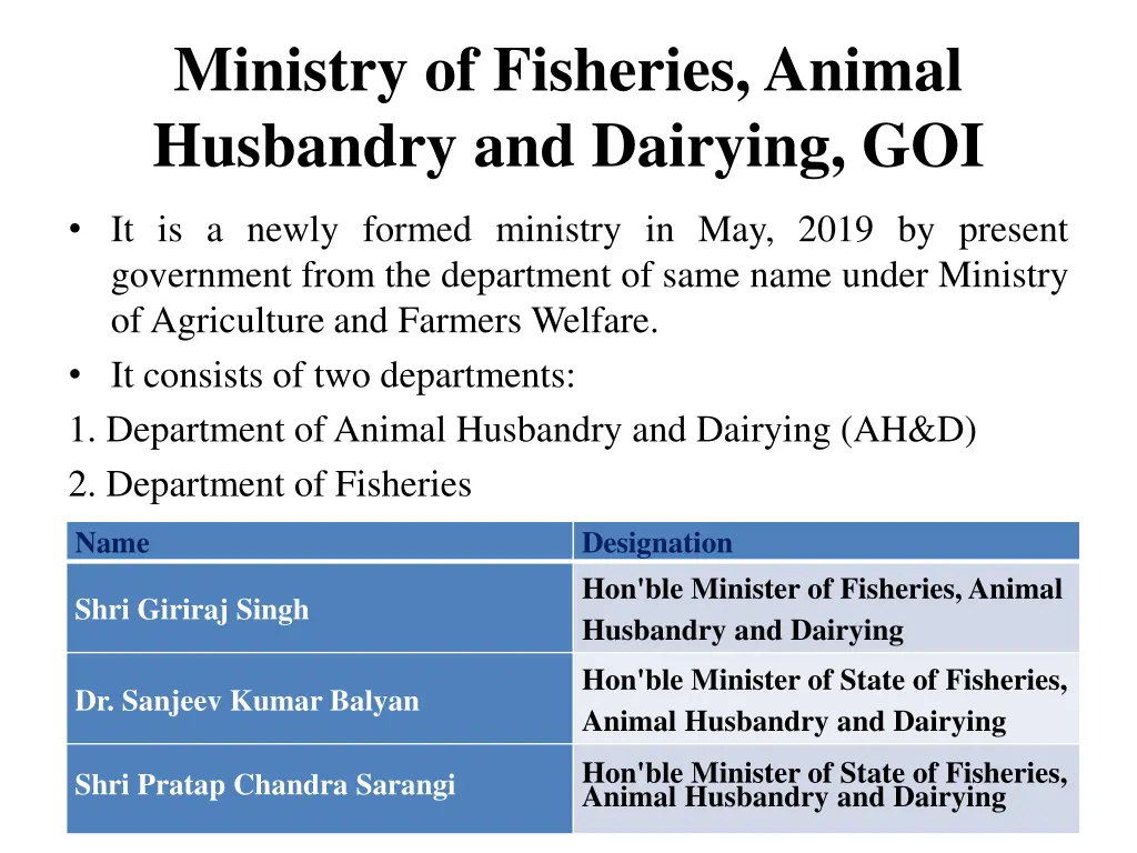 ministry of fisheries animal husbandry