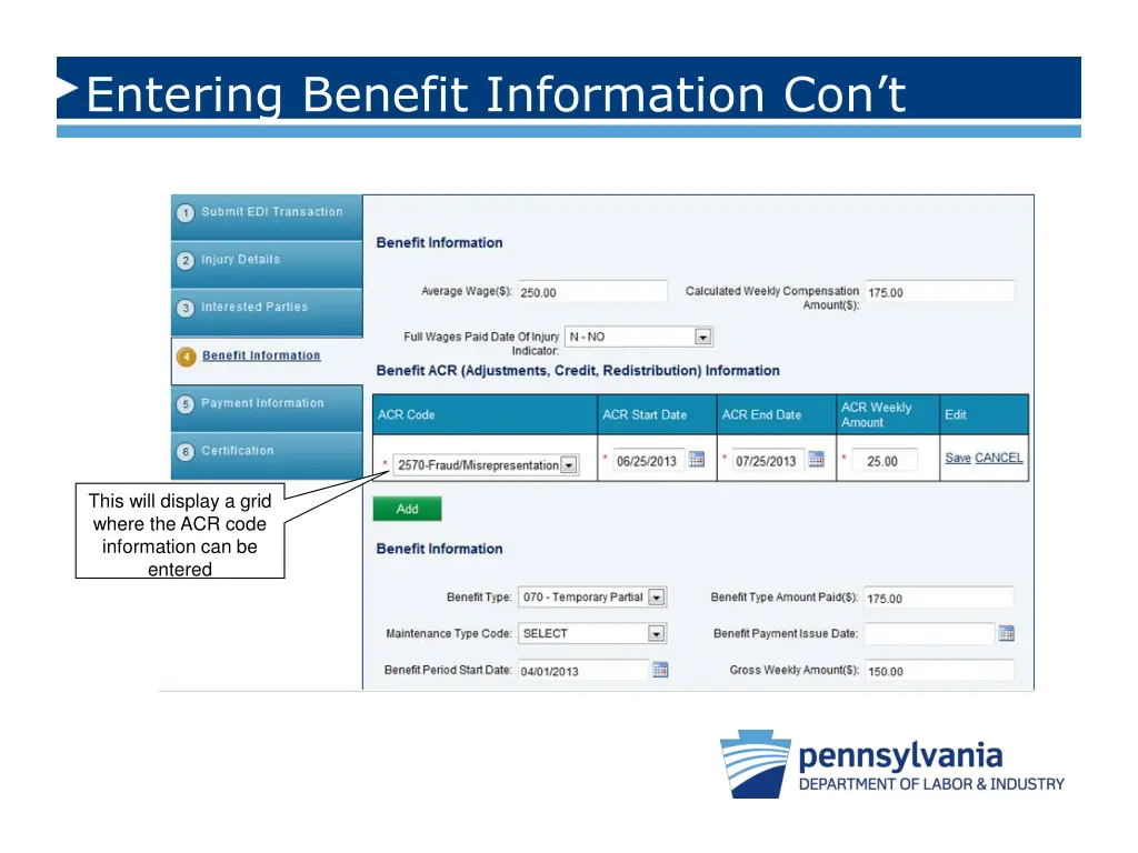 entering benefit information con t