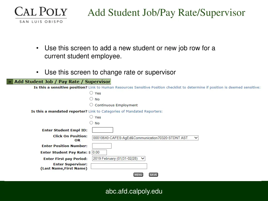 add student job pay rate supervisor