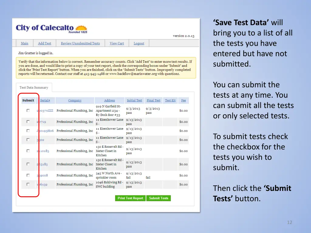 save test data will bring you to a list