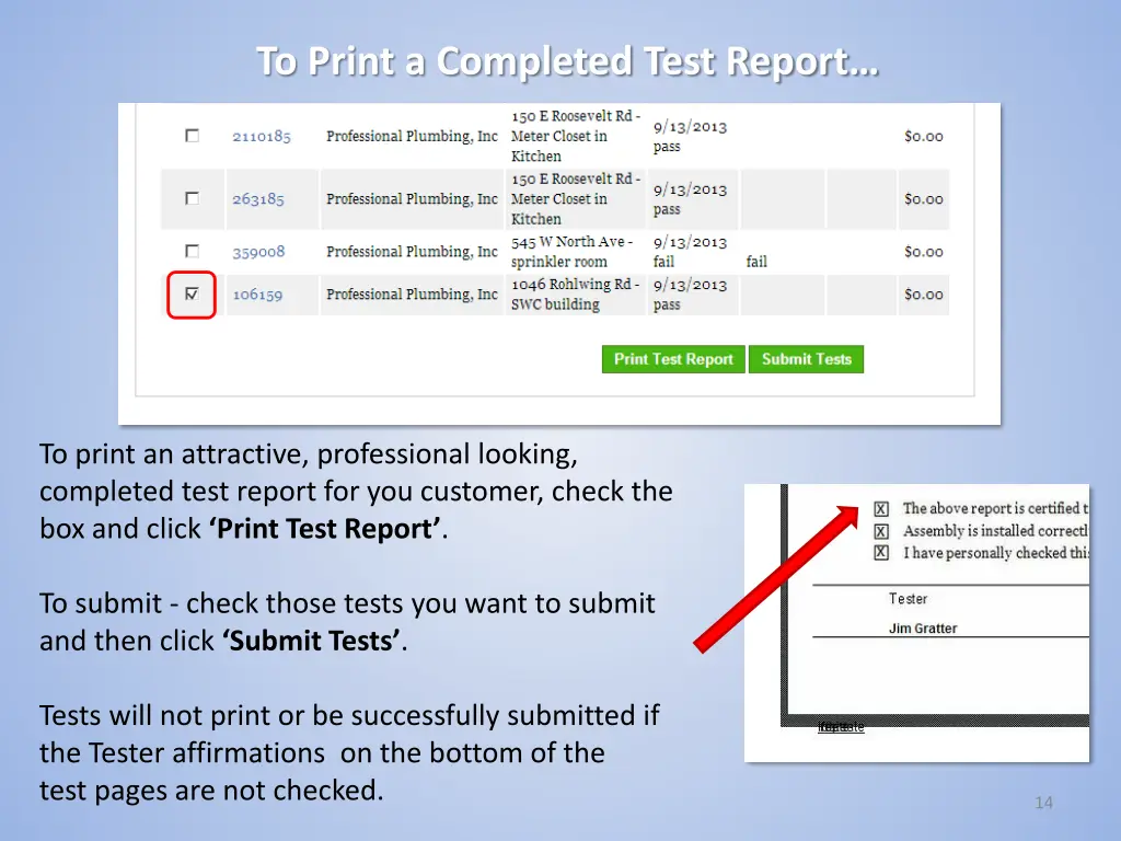 to print a completed test report