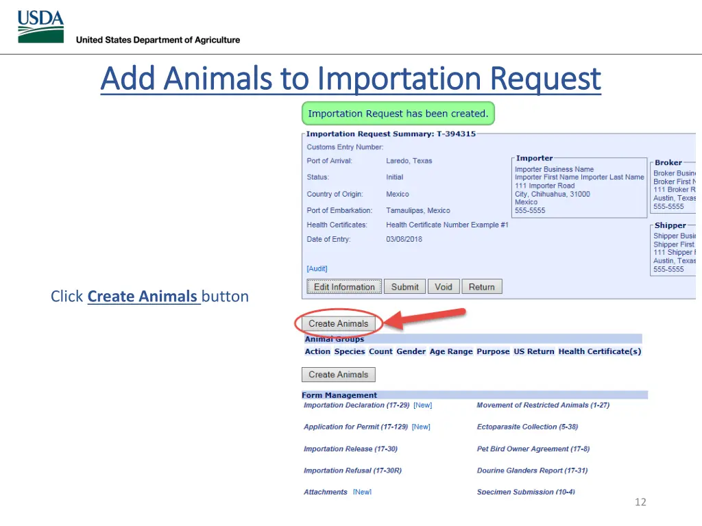 add animals to importation request add animals