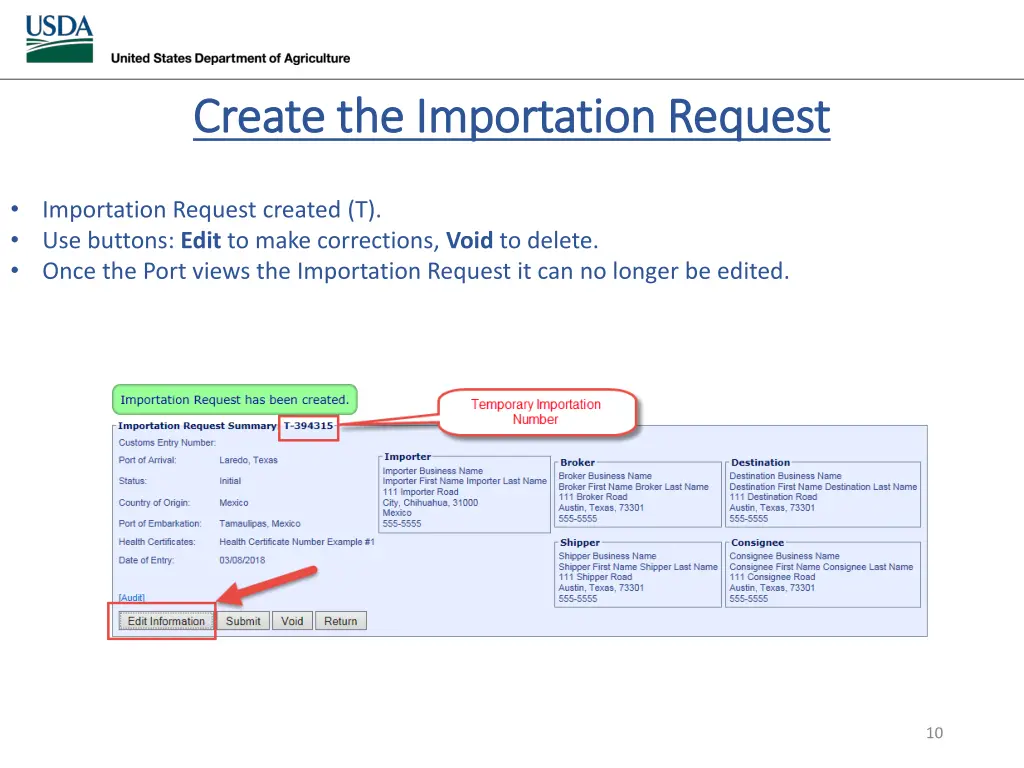 create the importation request create