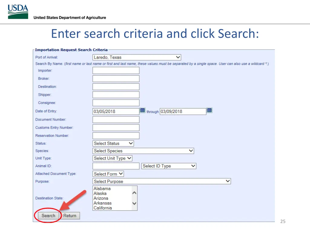 enter search criteria and click search