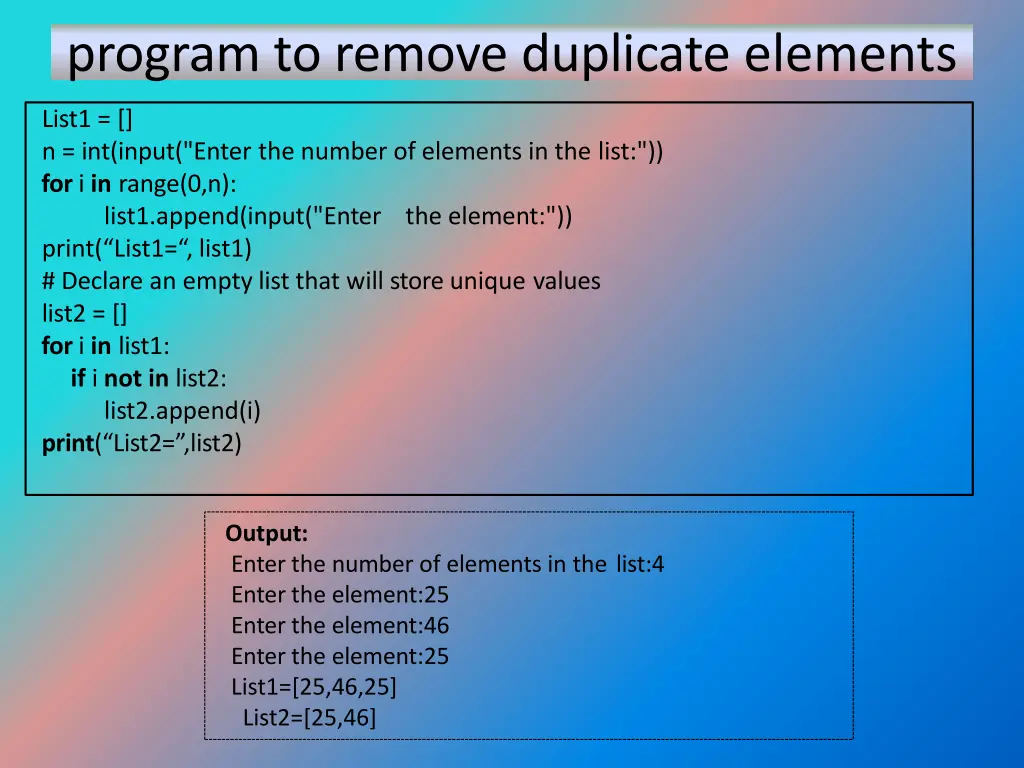 program to remove duplicate elements