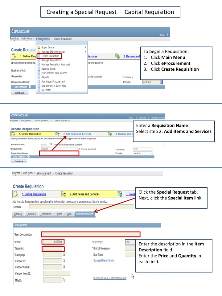 creating a special request capital requisition