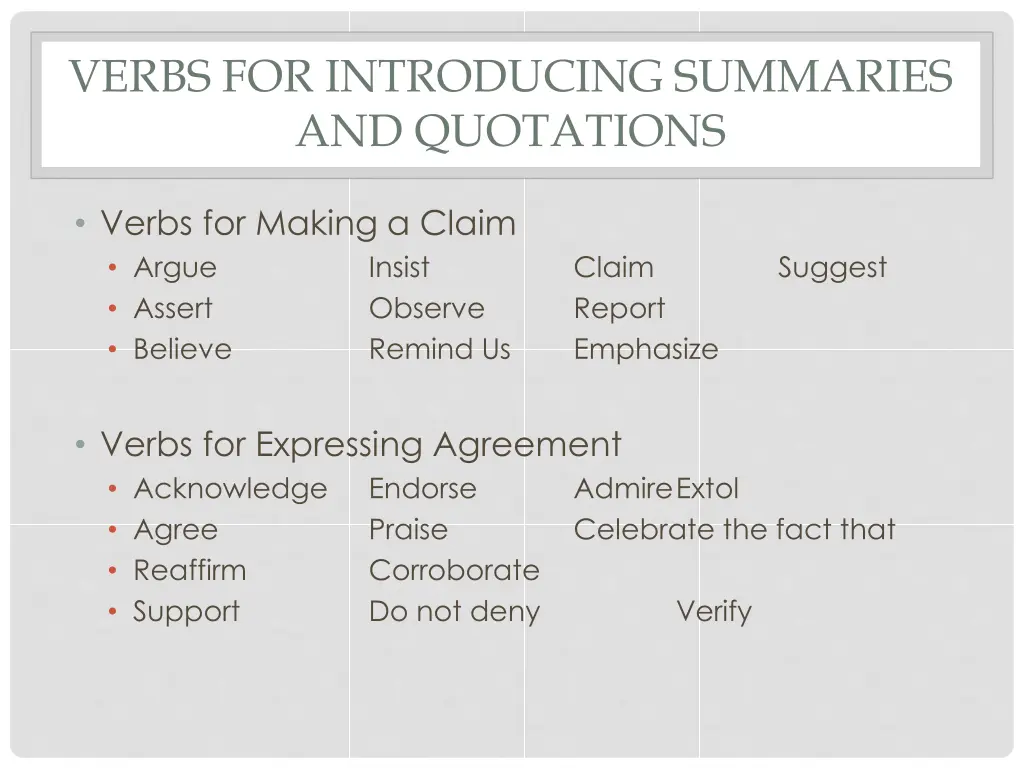 verbs for introducing summaries and quotations