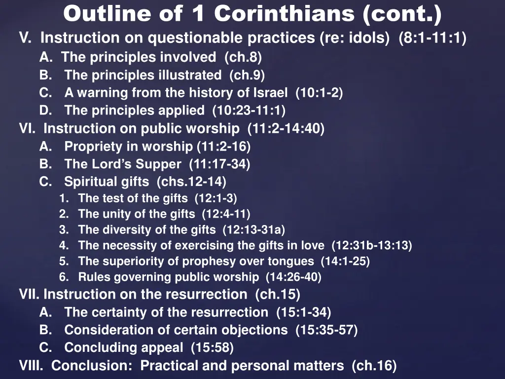 outline of 1 corinthians cont