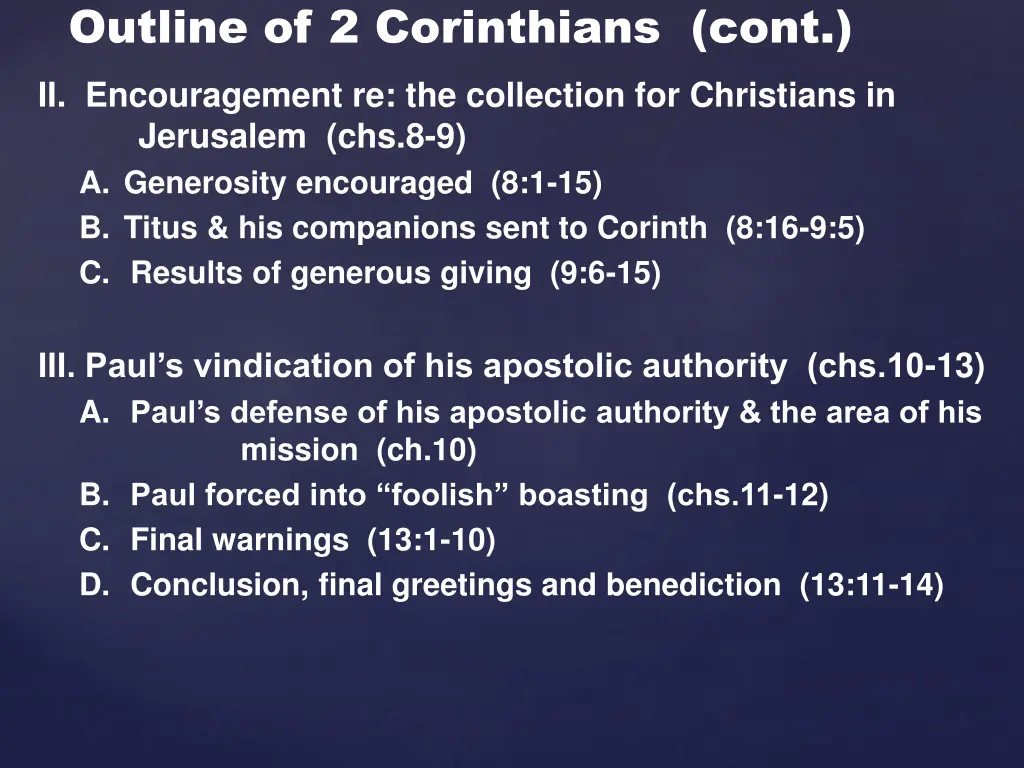 outline of 2 corinthians cont