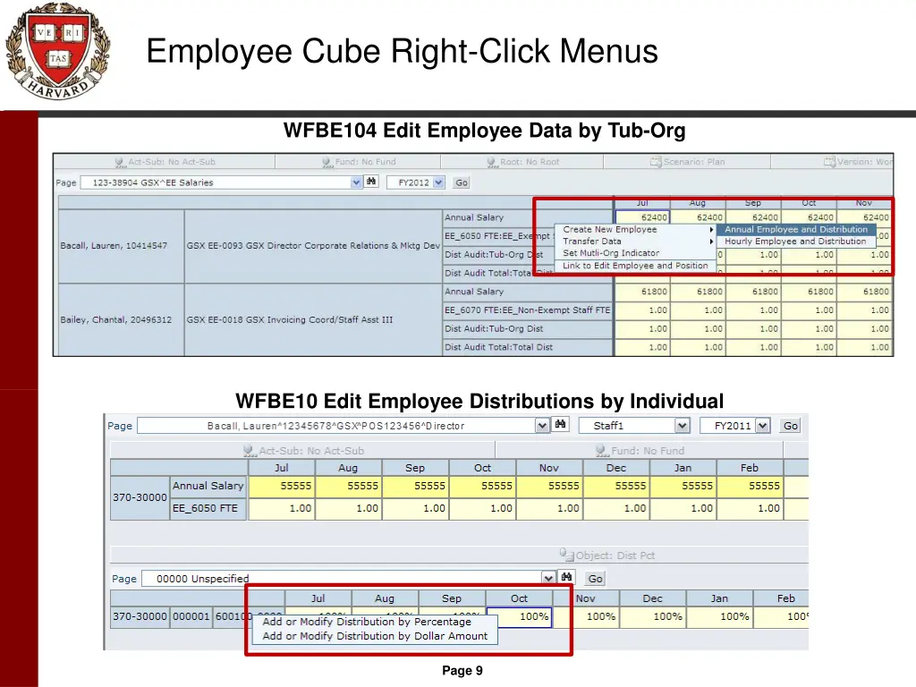 employee cube right click menus