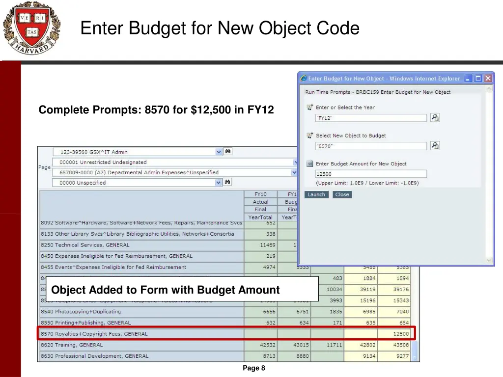 enter budget for new object code