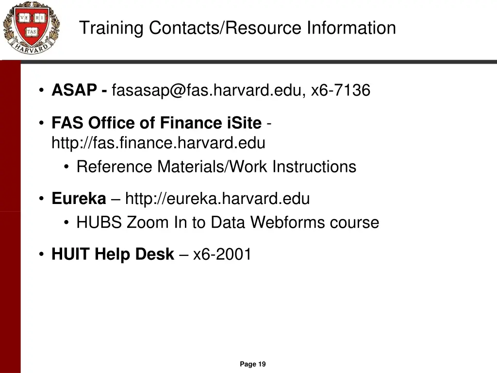 training contacts resource information