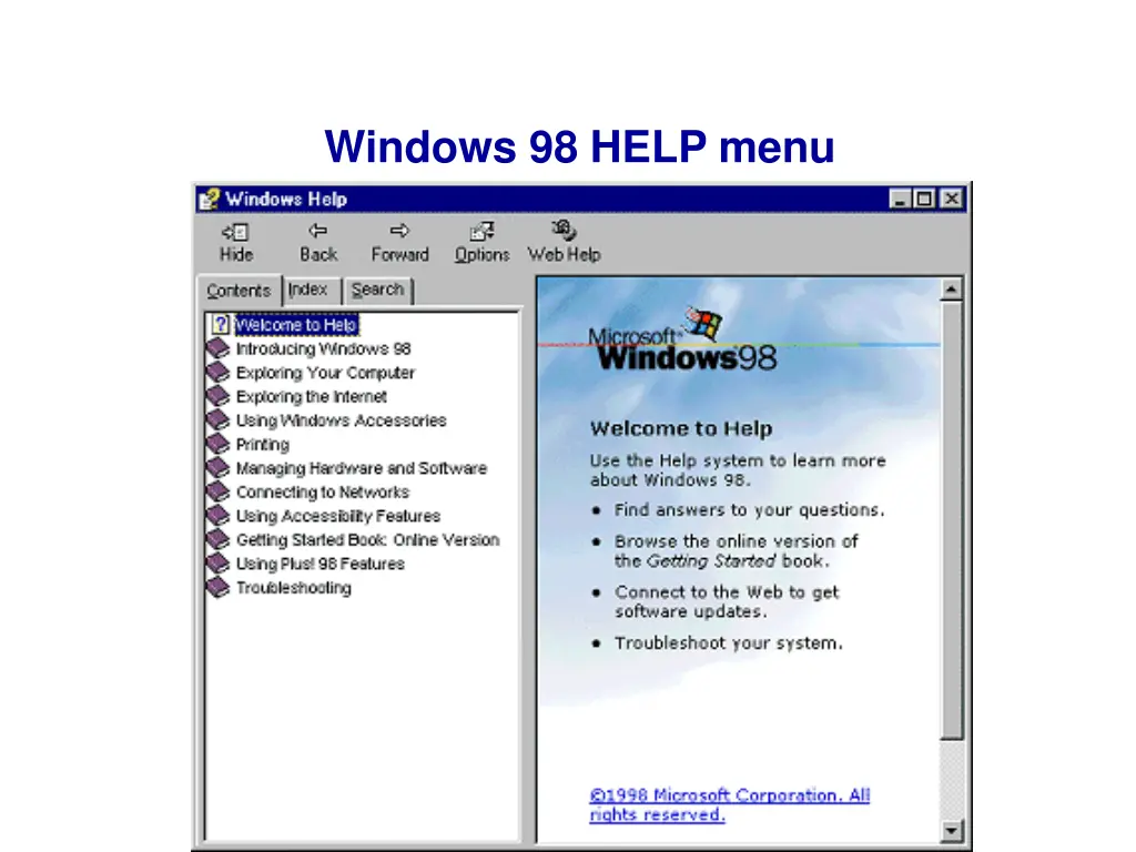 windows 98 help menu