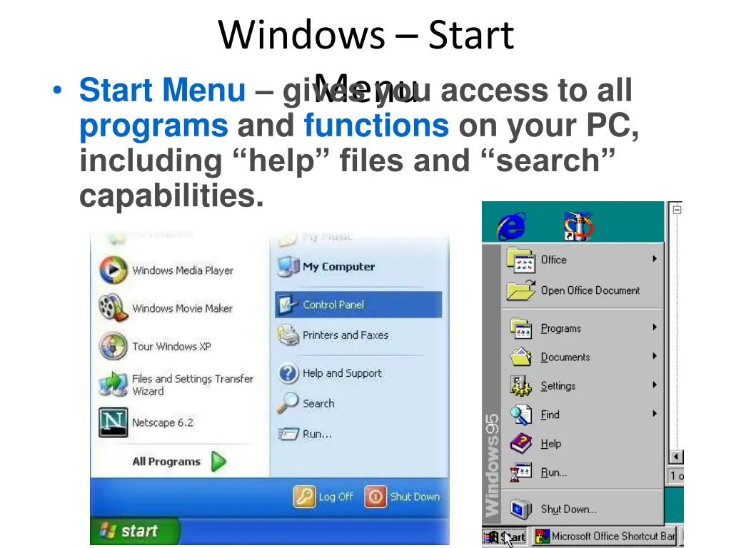 windows start menu programs and functions on your