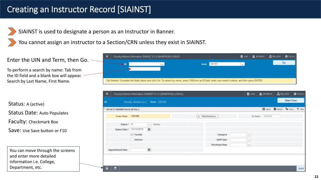 creating an instructor record siainst creating