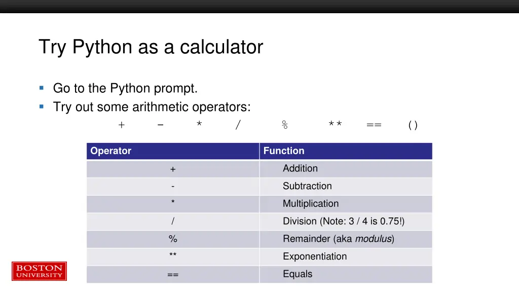 try python as a calculator 1