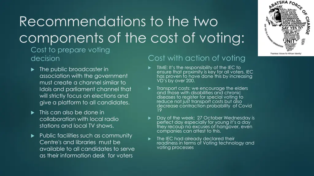 recommendations to the two components of the cost