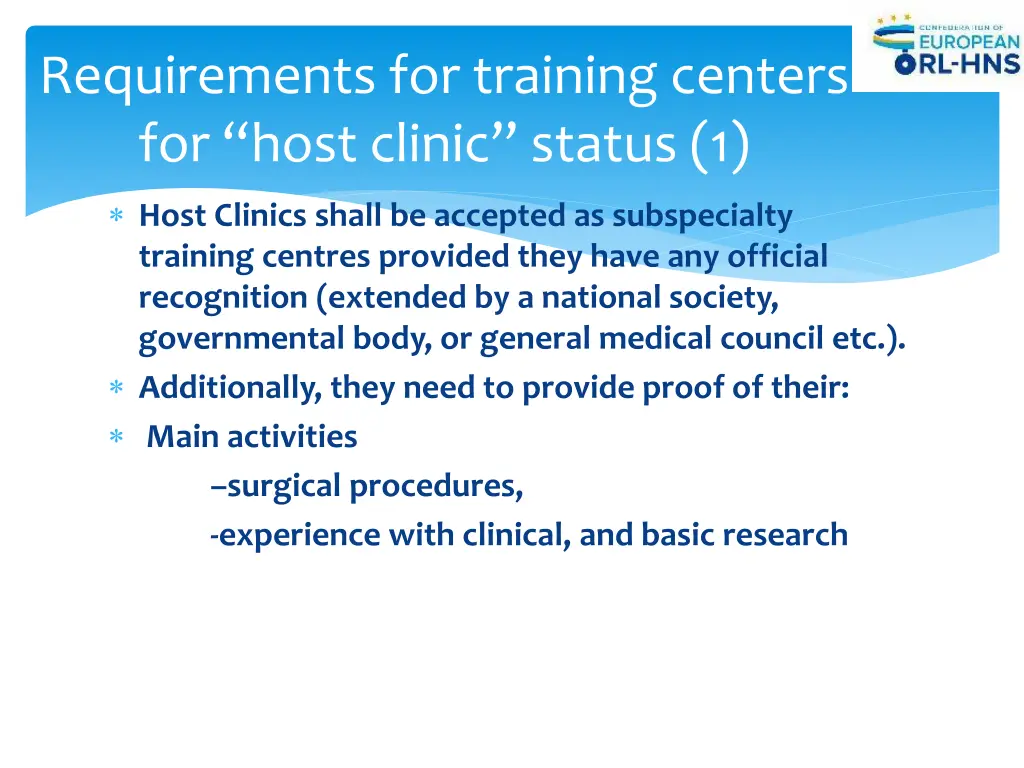 requirements for training centers for host clinic