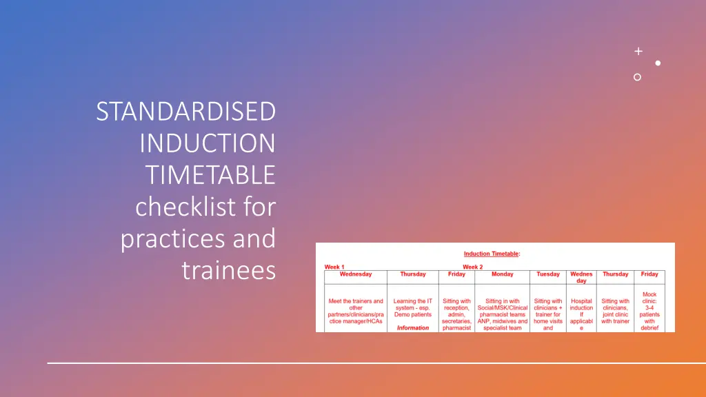 standardised induction timetable checklist