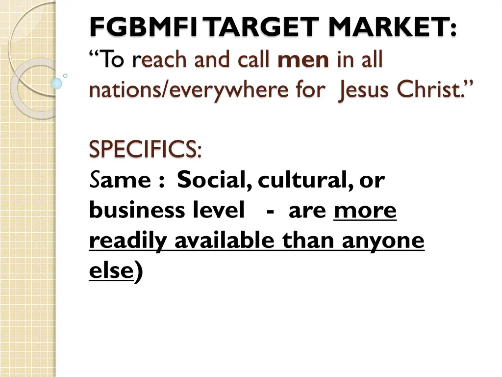 fgbmfitarget market to r each and call