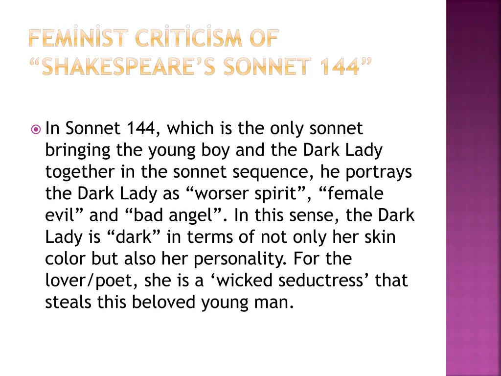 fem n st cr t c sm of shakespeare s sonnet 144