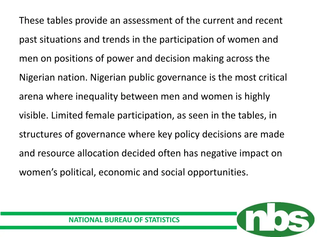 these tables provide an assessment of the current