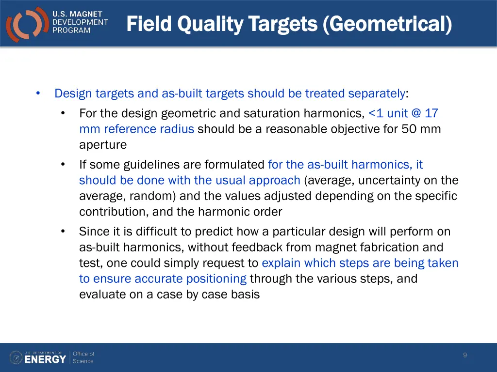 field quality targets geometrical field quality