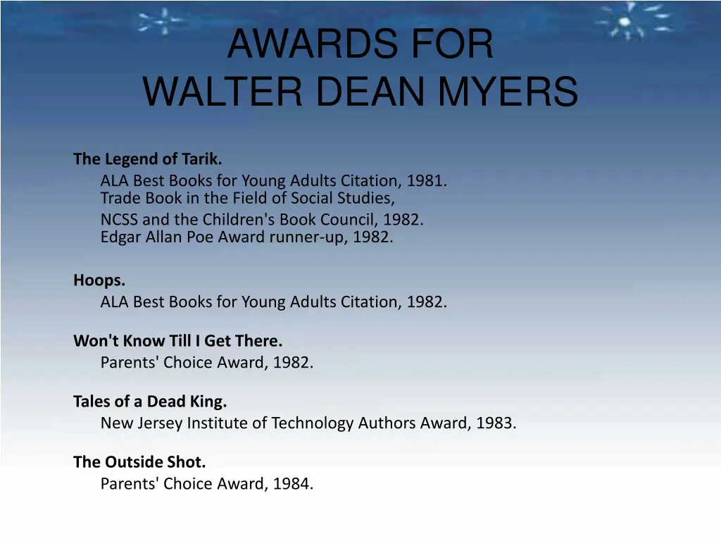 awards for walter dean myers 1