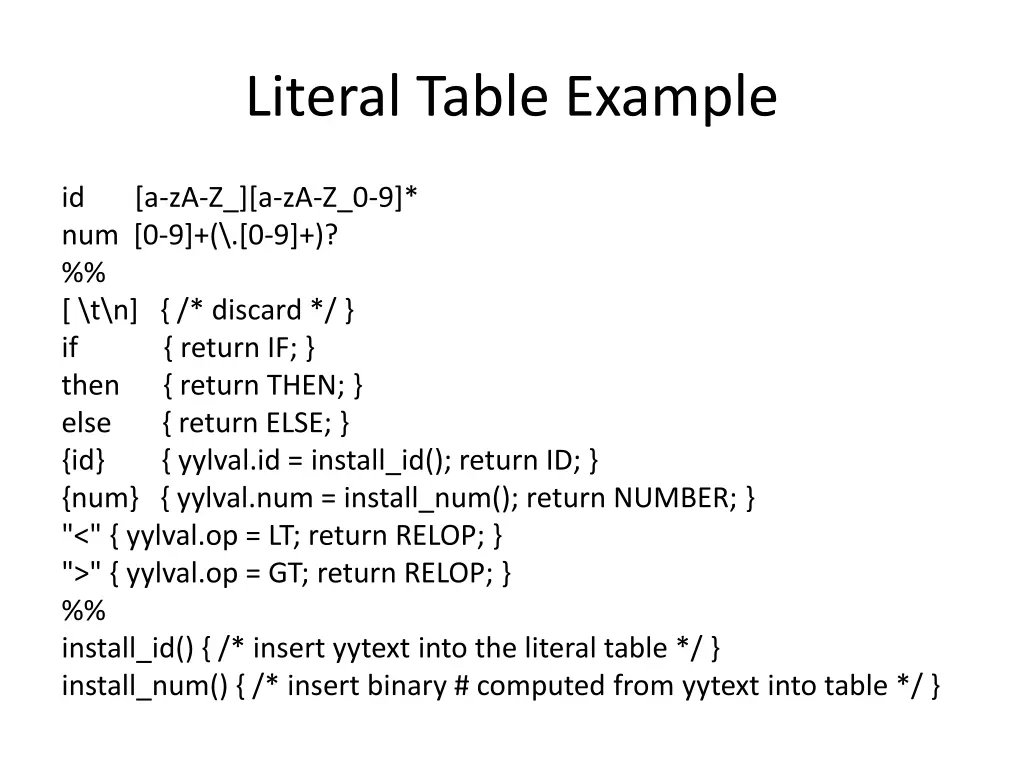 literal table example