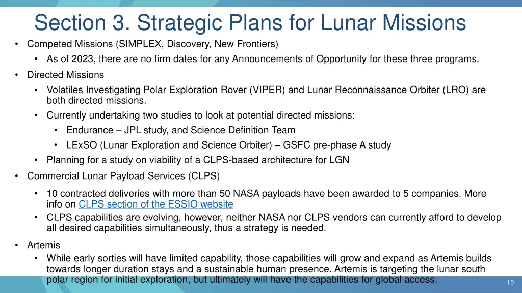 section 3 strategic plans for lunar missions