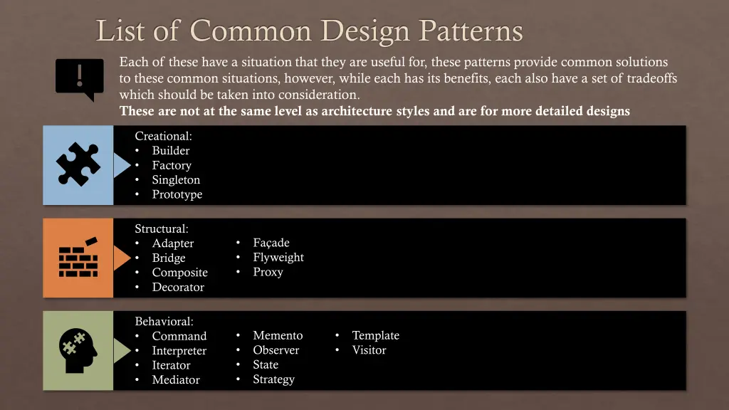 list of common design patterns each of these have