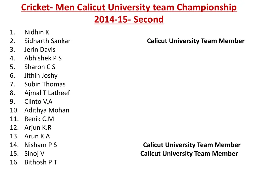 cricket men calicut university team championship