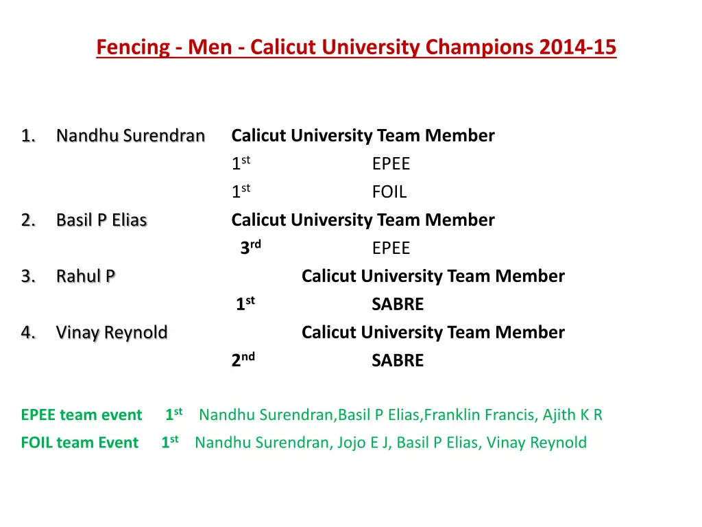 fencing men calicut university champions 2014 15