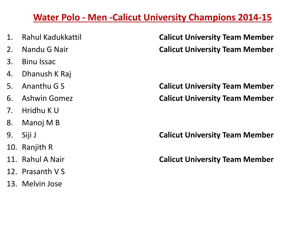 water polo men calicut university champions 2014