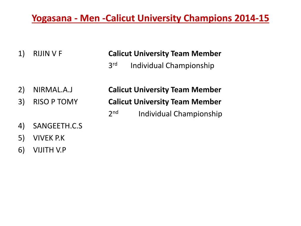 yogasana men calicut university champions 2014 15