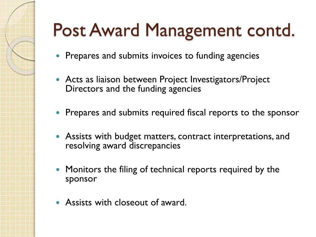 post award management contd