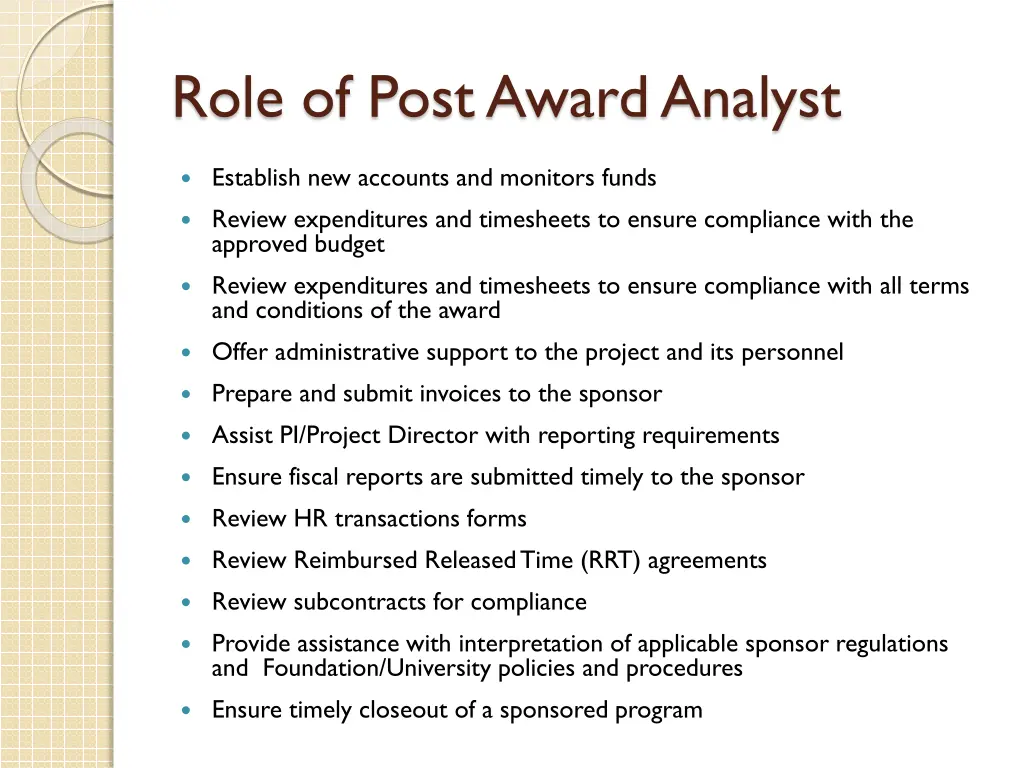 role of post award analyst