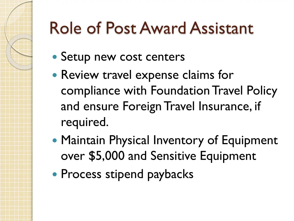 role of post award assistant