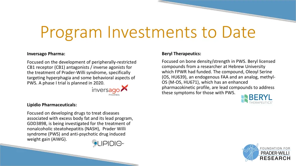 program investments to date