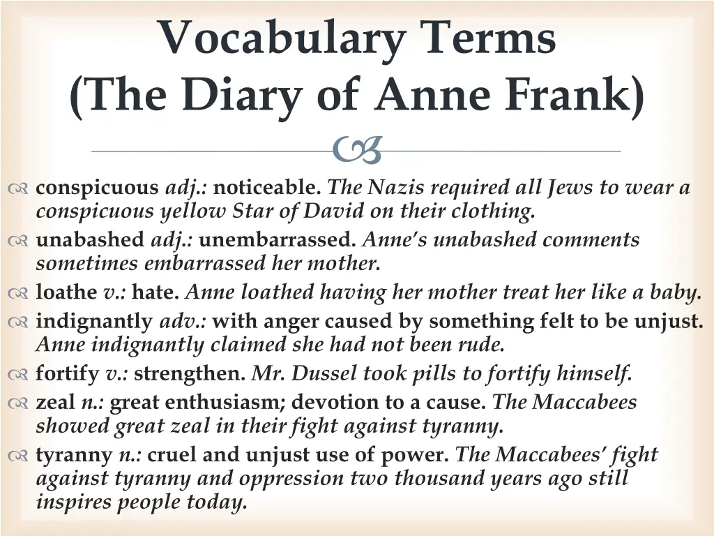 vocabulary terms the diary of anne frank